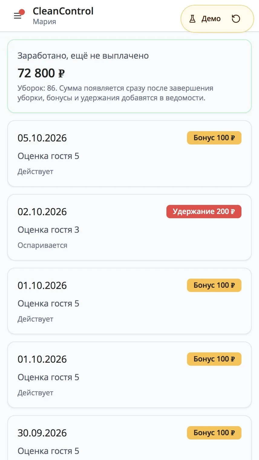 Экран CleanControl: мотивационные события по оценкам